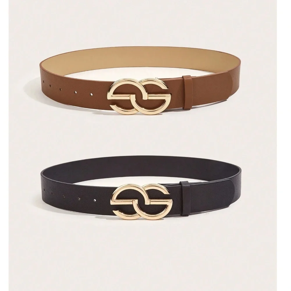 Classic Vegan Leather Gold Tone Buckle Belt Set